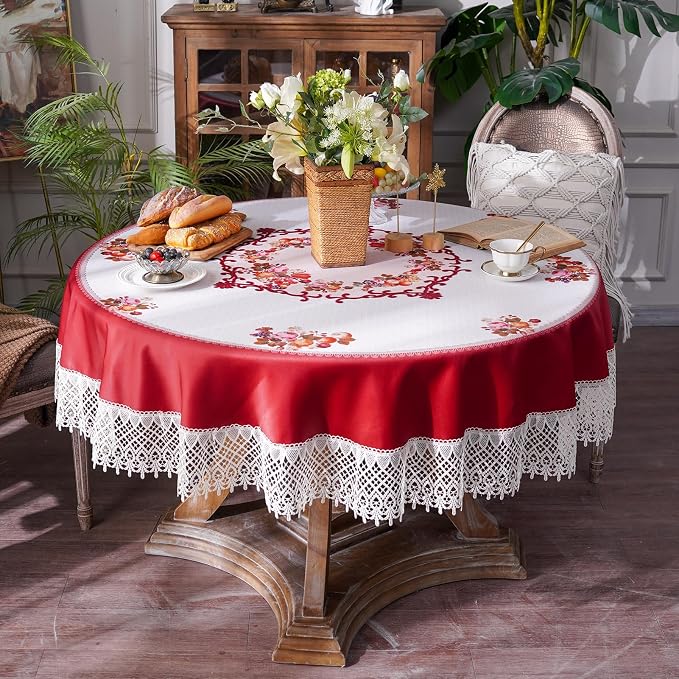 ARTABLE Round Tablecloth Lace Rustic Macrame Embroidered Table Cloths for Harvest Dresser Decor Farmhouse Kitchen Home (Burgundy, 60" Round)