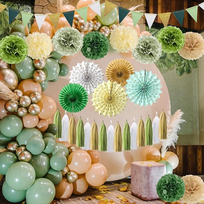 Sage Green Party Decorations Retro Green Paper Fan Birthday Baby Shower Tissue Pom Poms Streamers Bachelorette Party Supplies Tassel Garland Banner Wedding Decor