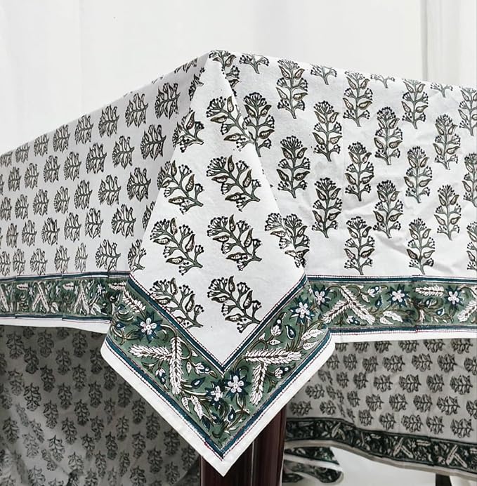Ridhi Evergreen Grace Hand Block Print Cotton Rectangle Tablecloth 108" x 70" inches Reusable Table Cover Decorative Everyday Use for Dining Room, Farmhouse, Home Gift for Spring, Mother's Day