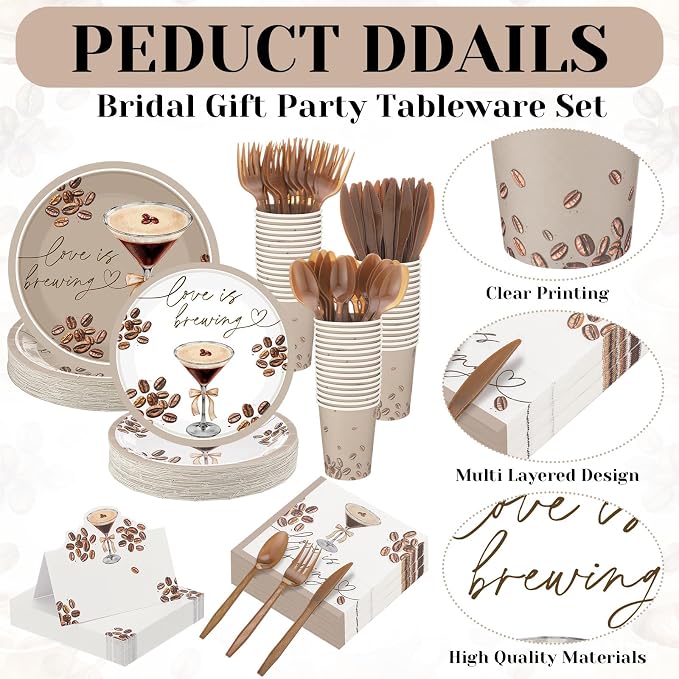 Shellwei 410 Pcs Love Is Brewing Coffee Bridal Shower Party Tableware Set Love Is Brewing Plates Napkins Cups Cutlery for Coffee Lovers Bachelorette Party Decorations Supplies for 50 Guests