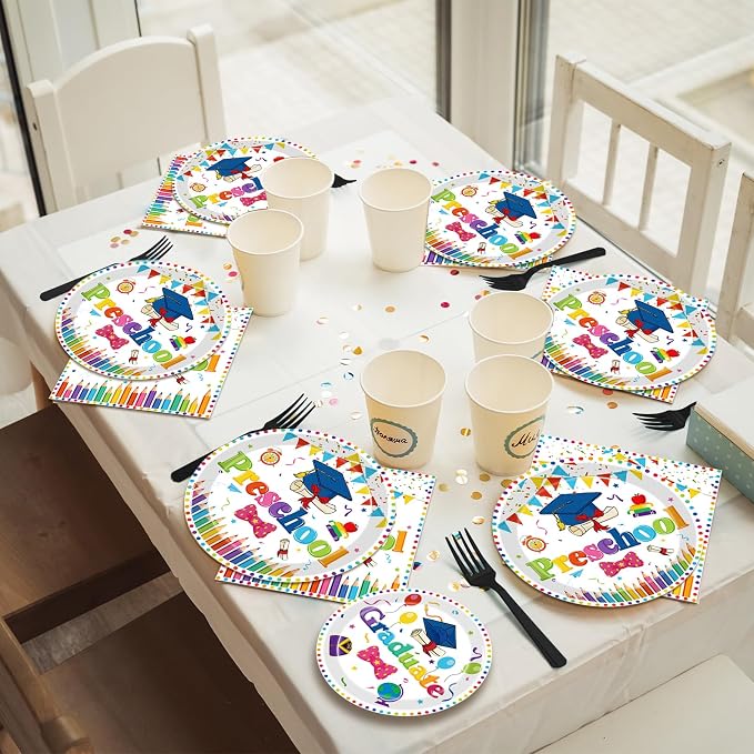 Kepeel 96pcs Preschool Graduation Party Plates and Napkins Set, Pre-K Grad Party Supplies Decorations Preschool Kindergarten Graduation Disposable Paper Plates for Boys Girls, Serves 24 (White)