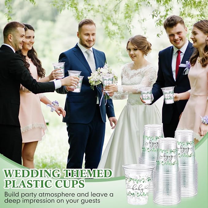Funnymoom 60 Pack Sage Green Baby Shower Plastic Cups 12 oz Eucalyptus Greenery Disposable Clear Plastic Cups for Baby Shower Birthday Boho Greenly Party Decorations Supplies