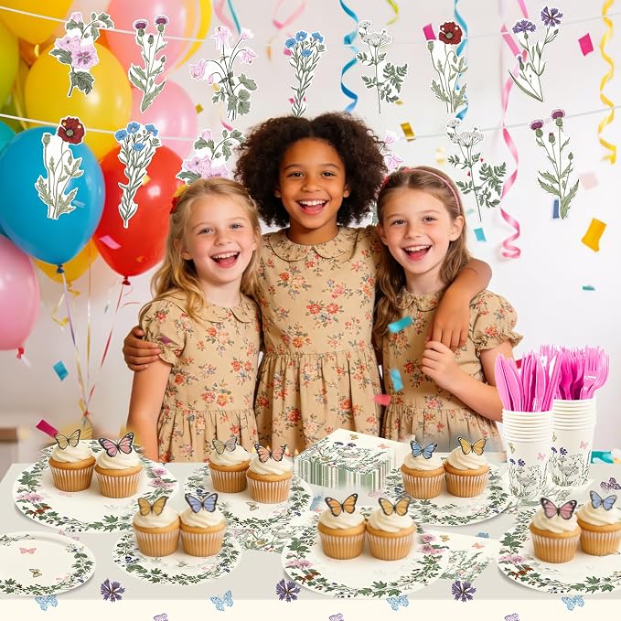 182pcs Wildflower Party Supplies,Disposable Wildflower Paper Plates and Napkins Tableware Set,for Baby Shower, Wedding, Birthday Party Decorations,Serves 30