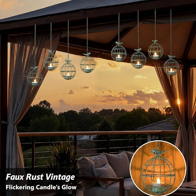 Outdoor Solar Hanging Lantern Lights, 4 Pack Rustic Ball Birdcage Hanging Candle Holder with Solar Tea Lights, Waterproof Chandelier for Tree, Pergola, Patio Decor (Vintage Green)