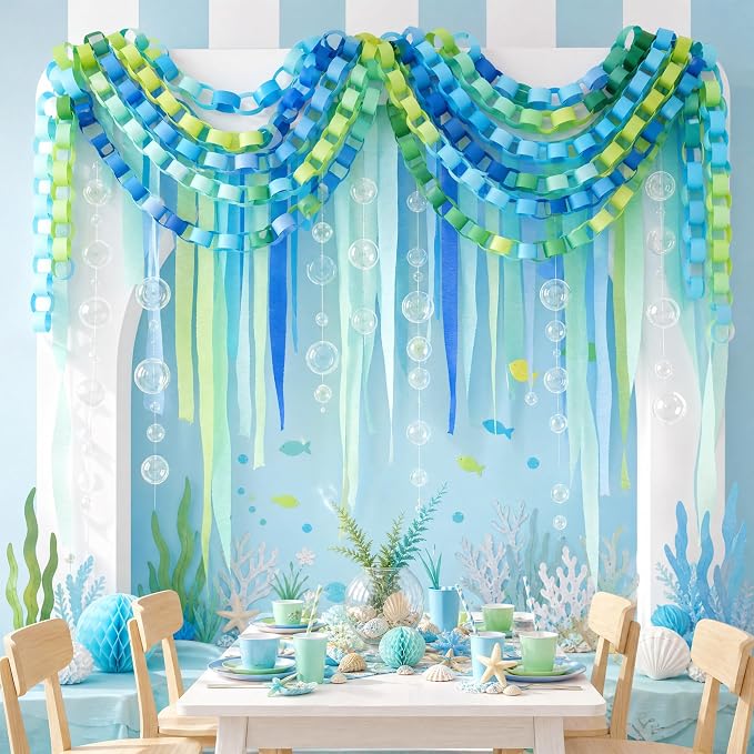 500 Sheets Under The Sea Paper Chain Strips Garlands Set, 492ft Blue Green Crepe Paper Streamers and 33ft Clear Bubble Garland for Ocean Theme Birthday Party Baby Shower Hanging Decorations