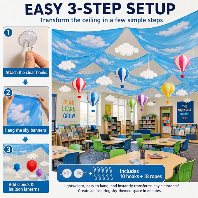 46 Pcs 2026 Hot Air Balloon Hanging Ceiling Decoration for Classroom 24" x 13ft Blue Sky and Clouds Banner 3D Paper Lantern Cloud Hanging Ornament, Hook for Back to School Party Class Decor