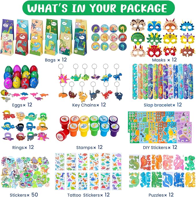 Dinosaur Party Favors for Kids -12 Pack Dinosaur Gift Bags with Masks, Stamps, Stickers, Keychains, Dinosaur Eggs & Rings, Dinosaur Birthday Party Supplies, Goodie Bag Stuffers