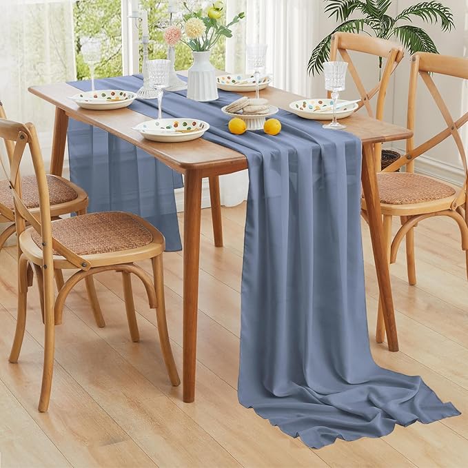 Horbaunal 2 Pack Dusty Blue Chiffon Table Runners 10FT Sheer Chiffon Runner 29x120 Inches Romantic Boho Rustic Table Runner for Wedding Party Bridal Baby Shower Table Decorations