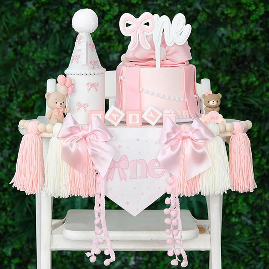 Pink Bow 1st Birthday Highchair Banner Decorations Wood Bead Tassel Garland Cone Hat Wooden Cake Topper For Baby Girls