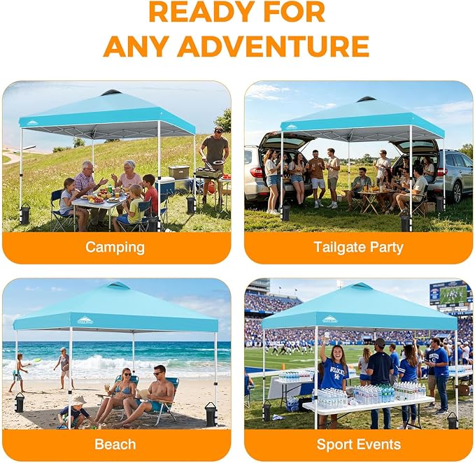EAGLE PEAK Pop Up Canopy Tent with Wheeled Carry Bag, 8 Stakes, 4 Ropes, 4 Weight Bags, Easy Set Up Tent Canopy, 10x10 ft, 100sqft of Shade, Light Blue