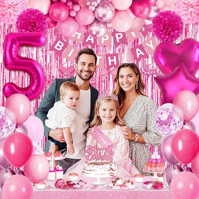 5th Birthday Decorations Girl, Pink Party Decorations with Number 5 Balloon Happy Birthday Banner Bday Sash Crown Tablecloth Fringe Curtain Hanging Swirl for 5 Year Old Girl Bday Decor