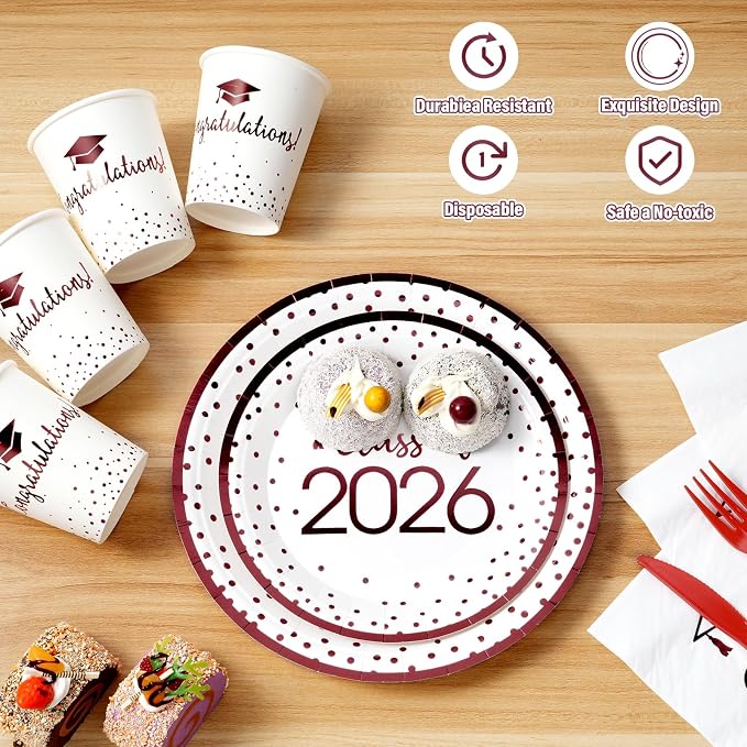 350pcs Class of 2026 Graduation Plates and Napkins Set, Disposable Paper Plate Set Polka Dots Napkins Cups Knife Fork Spoon for Graduation Party Decorations and Supplies,Serve 50 (White Maroon)