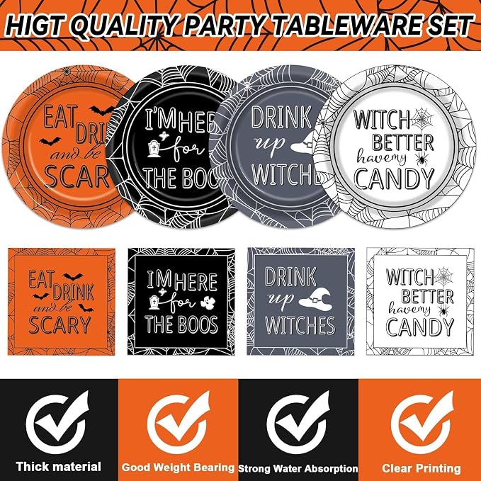 96 Pcs Halloween Party Decorations Halloween Paper Plates and Napkins Halloween Party Supplies Drink up Witches Hat Little Scary Spiderweb Boo Tableware Set for Halloween Disposable Decorations