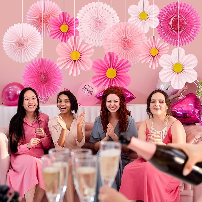 Pink Party Decorations, 12PCS Paper Fans Flowers Wall Backdrop for Wedding, Birthday, Baby Shower, Bridal Shower, Nursery, Indoor Outdoor Classroom Decor