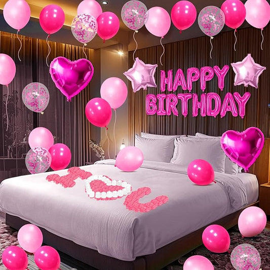 Hot Pink Happy Birthday Balloons Decorations Light Pink Birthday Balloon Letters Banner with Star Heart Balloons 1000 Pcs Artificial Rose Petals 24 Flameless LED Candles for Birthday Party Supplies