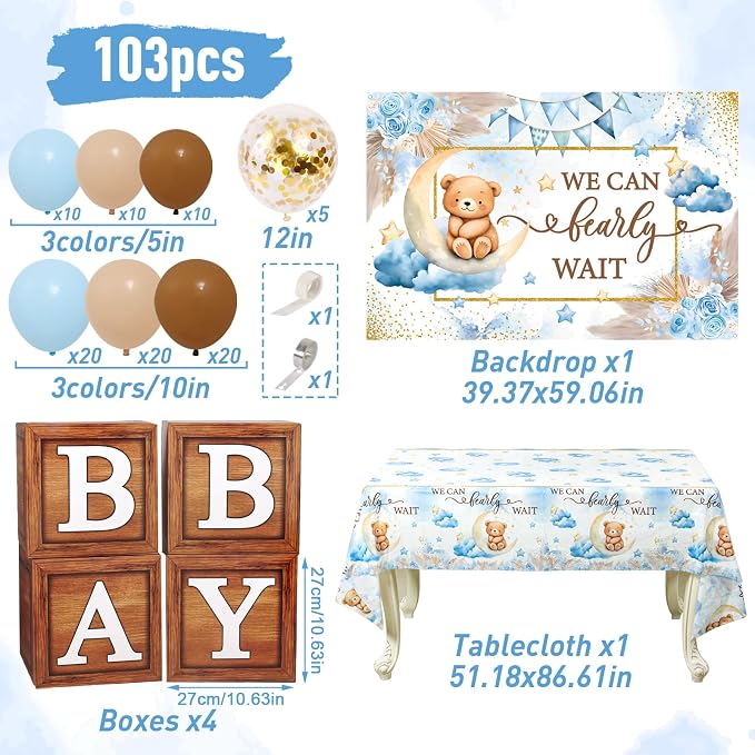 DataMoon We Can Bearly Wait Baby Shower Decorations - Baby Boxes with Letters,Boho Balloons,We Can Bearly Wait Backdrop,Tablecloth for Teddy Bear Baby Shower,Birthday Supplies,Gender Reveal