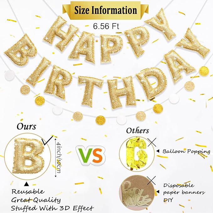 Pre-strung Gold Glitter Happy Birthday Banner Garland, Reusable Birthday Party Decorations, No DIY Gold Birthday Party Banner Sign Decor for Women Men Boys Girls Party Backdrop Party Supplies
