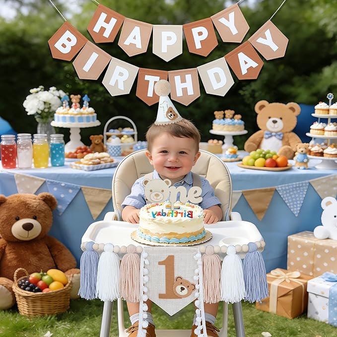 DCJHFJ Bear First Brown Felt Happy Birthday High Chair Banner Pre-strung Birthday Hanging Decoration with Birthday Hat One Cake Topper for 1st Birthday Party Decor