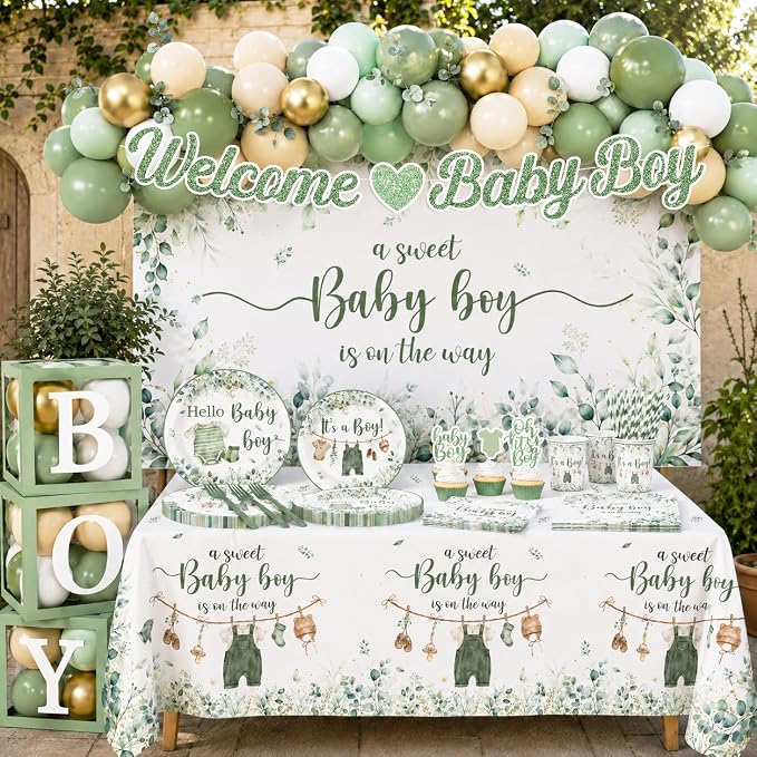 Baby Boy Shower Decorations,267pcs Baby Shower Decorations Green Plates and Napkins Cups Banner Backdrop Tablecloth Cake Topper Balloon for Sweet Baby Boy Baby Shower Decorations