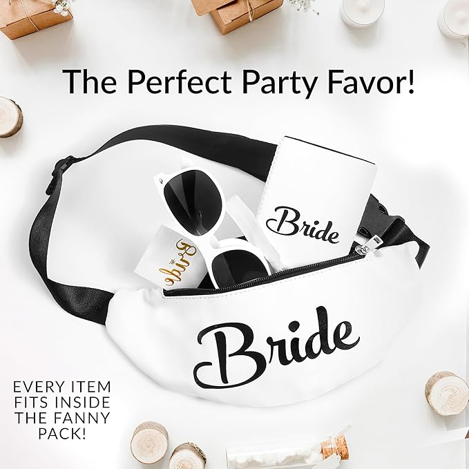 Bachelorette Fanny Packs | 30 Pc - Set of 5 Bachelorette Party Favors & Accessories | 1 Bride Fanny Pack + 4 'Party' Packs | Bachelorette Party Kit with Sunglasses, Koozies & Bridal Accessories
