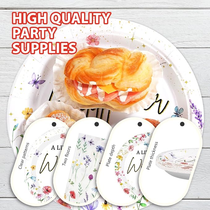 96PCS Wildflower Baby Shower Decorations Little Wildflowers Party Plates Disposable A Little Wildflower Is On The Way Paper Tableware for Girl Baby Shower Spring Summer Party Supplies, Serves 24