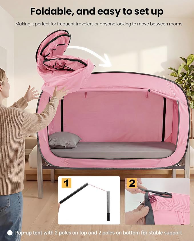 ANC POP Bed Tent Twin Bed Canopy Portable Dream Tent for Adult Indoor Sleeping Tents with 2 Doors Breathable Private Space Tents, Pink