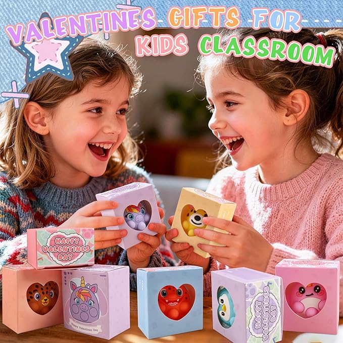 ChildFun Valentines Day Gifts for Kids, 24 PCS Prefiled Valentines Box with 3D Animal Pop Suction Toys, Valentines Party Favors for Class, School Classroom Valentines Gifts for Boys Girls Toddlers