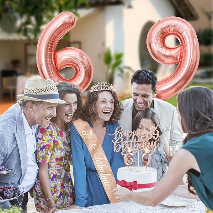 69th Birthday Decorations for Women, Including 69th Birthday Sash and Tiara, Cake Topper and Candles, Number Balloons, 69 Year Old Gifts for Women