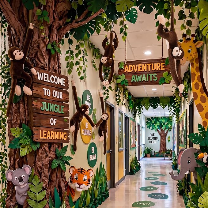 Hungdao 2 Packs Hanging Monkey Stuffed Jungle Animal Toy with Hook and Loop Jungle Party Hanging Plush Monkey for VBS Sunday School Classroom Party Decorations (28 Inch,Dark Brown)