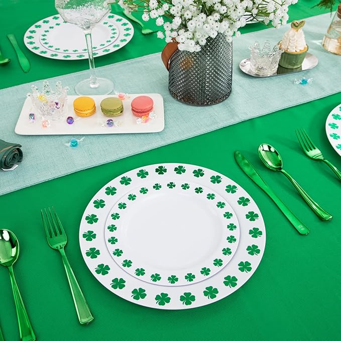 WDF 25Guest St Patrick’s Day Plates - Green Plastic Plates with Shamrock Clover & Disposable Silverware - Premium White and Green Plastic Dinnerware for St. Patrick’s Day