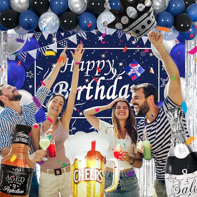 Blue Happy Birthday Decorations for Men Boys, 89PCS Blue Black Birthday Decorations Kit with Backdrop Banner Foil Balloons Fringe Curtains for 18th 21st 25th 30th 35th 40th 50th 60th Party Supplies