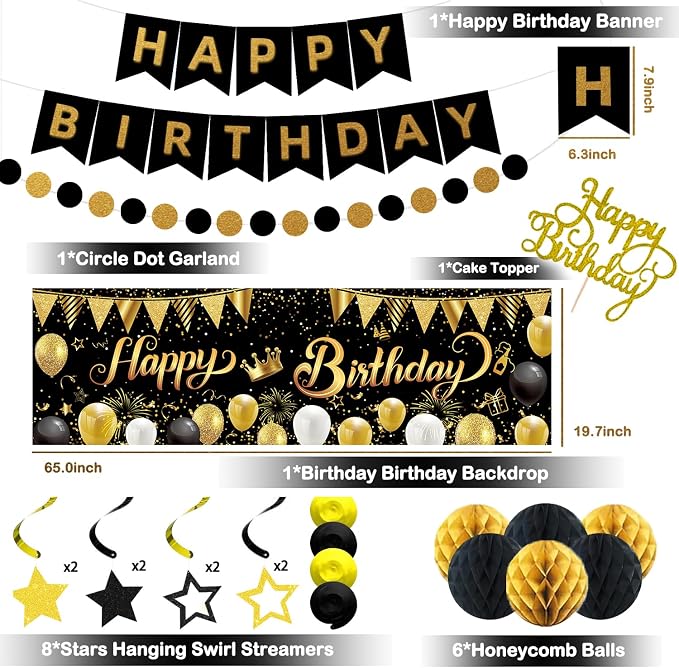Gold Black Birthday Decorations, Happy Birthday Banner, Backdrop, Balloons, Honeycomb Balls, Star Foil Balloons, Stars Hanging Swirls & Cake Topper for Baby Boys Girl Men Women Birthday Decoration