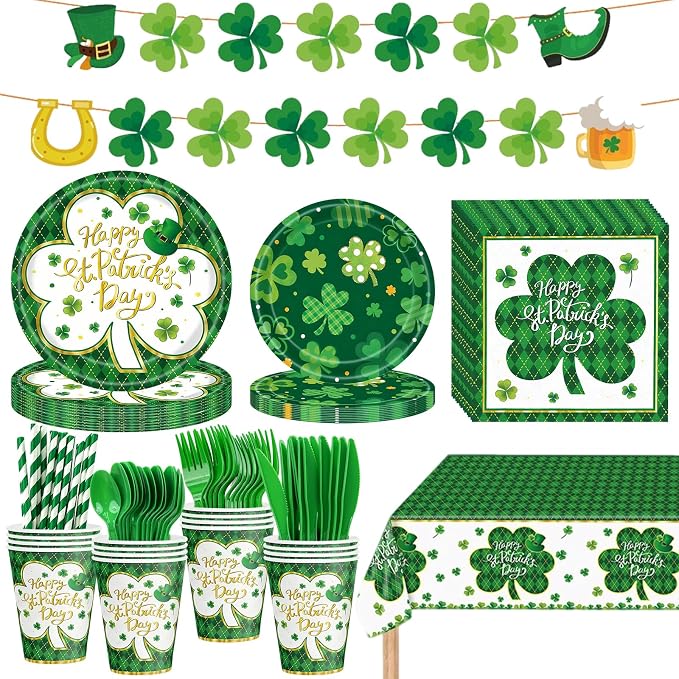 194 Pcs St Patricks Day Paper Plates & Napkins,Green Shamrock Paper Plates St Patricks Dinnerware Disposable Including Cup Straw Plastic Cutlery Banner Tablecloth for Saints Day Party Supplies
