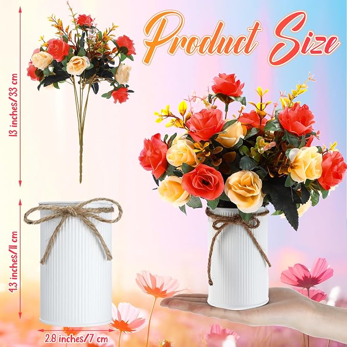 Domensi 12 Sets Wedding Centerpiece for Table Artificial Rose with Vase Fake Bouquets and Metal Pot Flower Arrangements for Bridal Shower Birthday Party Event Table Decor (Orange)