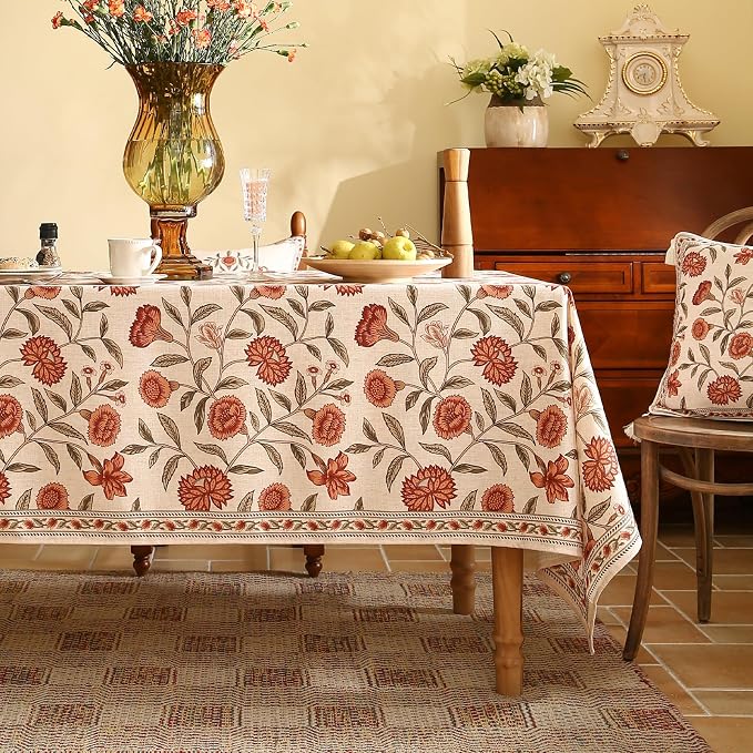 ISAENNE Designer French Linen Rectangular Tablecloth,71"x55"-Alvarado D | Vintage Elegant Beautiful Table Cloth for Rectangle Table,Orange Floral Pattern,Dining Room,Tea Party,Kitchen,Thanksgiving