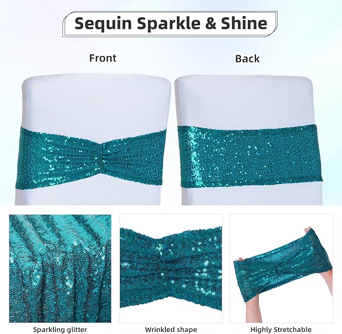 Poise3EHome Teal Sequin Chair Sashes, Double Sided Glitter Folding Chair Cover Bands for Wedding Party Ceremony Banquet Reception Decorations, 20 PCS