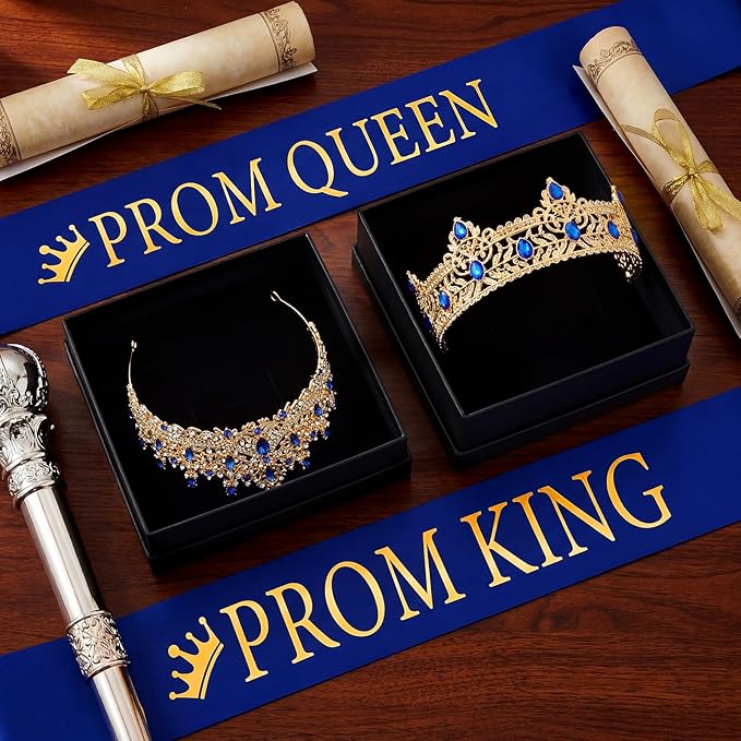Retrowavy 4 Pcs Prom King and Queen Crown Set with Sashes Prom King Queen Sash and Tiara Set for 2026 Grad Birthday Carnival Wedding Costume Accessories(RoyalBlue)