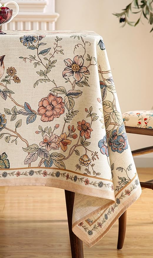 ISAENNE Designer French Linen Rectangular Tablecloth,87"x55"-Cornucopia | Vintage Elegant Table Cloth for Rectangle Table,Floral and Bird Pattern for Dining Kitchen Tea Party Thanksgiving,Decor