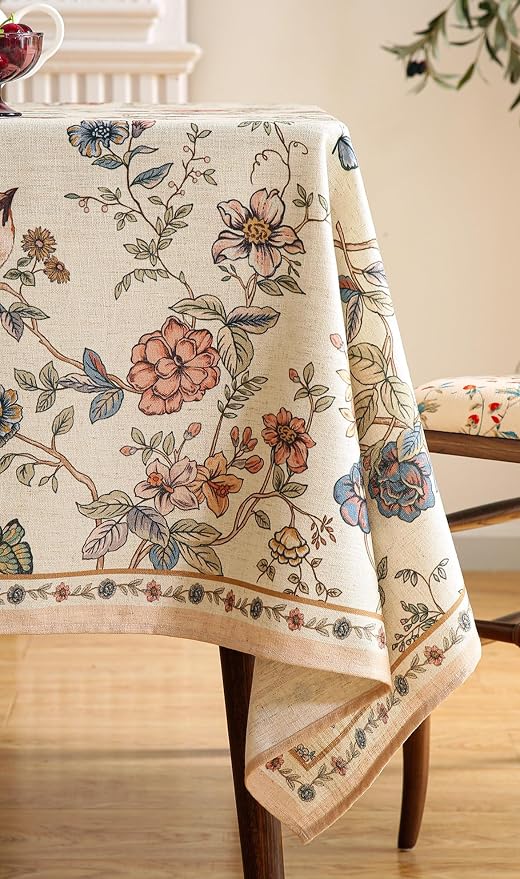 ISAENNE Designer French Linen Square Tablecloth,55"x55"-Cornucopia | Vintage Elegant Floral and Bird Pattern Beautiful Small Durable Table Cloth for Dining Tea Party Kitchen Thanksgiving