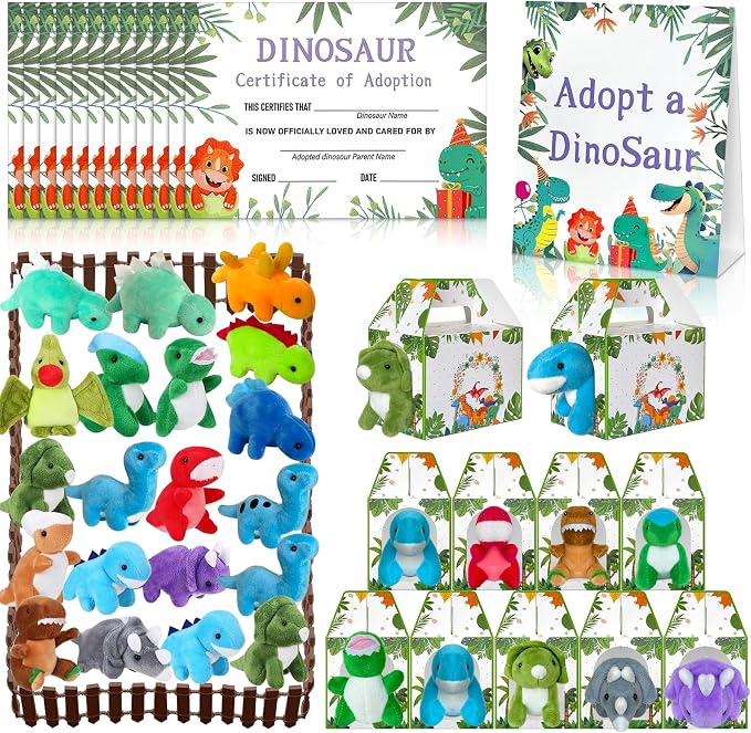 63 Pcs Adopt a Dinosaur Pet Party Favors Adopt an Animal Party Favor Include 20 Mini Dinosaur Stuffed Animals 20 Foldable Boxes 20 Cards 1 Adopt Sign 2 Fence for Adopt a Pet Party (63Pcs Dinosaur)