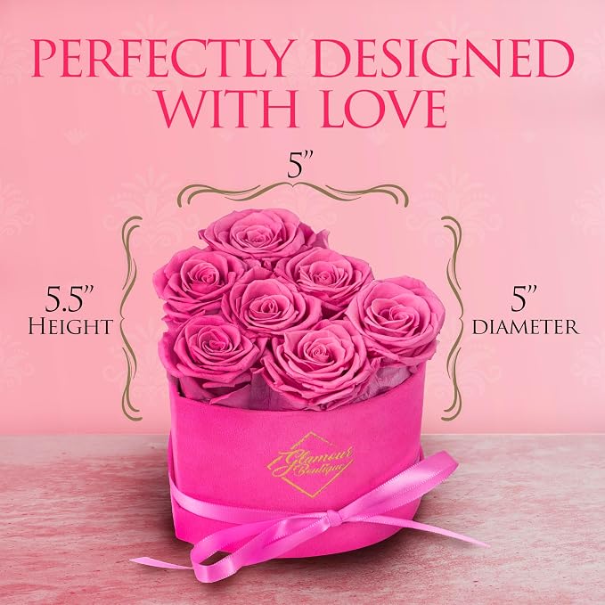 GLAMOUR BOUTIQUE 7 Flower Forever Heart Shape Box, Mothers Day Gift For Mom, Eternal Preserved Roses Gift for Her, Flowers bouquet, For Birthday, Anniversary, Girlfriend - Velvet Pink (Color-Treated)
