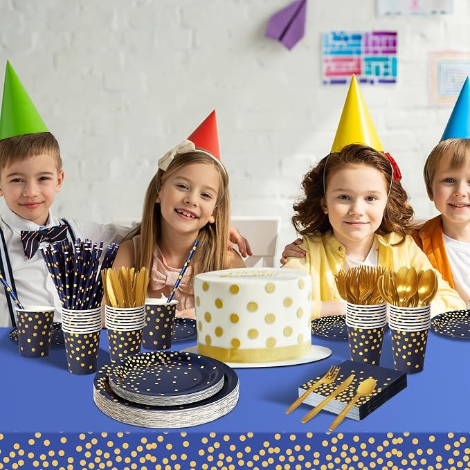 Nkaiso 193 Pcs Navy Blue Gold Paper Plates and Napkins Party Supplies Sets Include Navy Blue Party Plate Cup Napkin Plastic Cutlery for Baby Shower, Wedding, Birthday Decoration -24 Guest