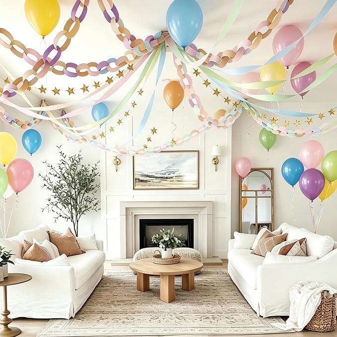 Pastel Birthday Party Decorations Kit with 492ft Crepe Paper Streamers, 300 Paper Chain Strips, 78.6ft Gold Star Garland and 30 Pastel Balloons for Wedding Birthday Party DIY Crafts Hanging Decor