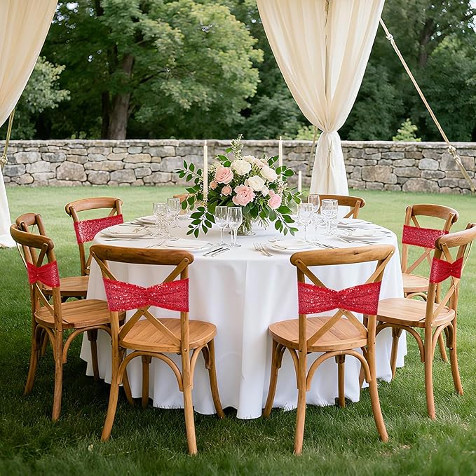 SquarePie Pack of 50 Sequin Chair Sashes Bows Glitter Red Chair Covers Bands for Wedding Banquet Birthday Party Decor