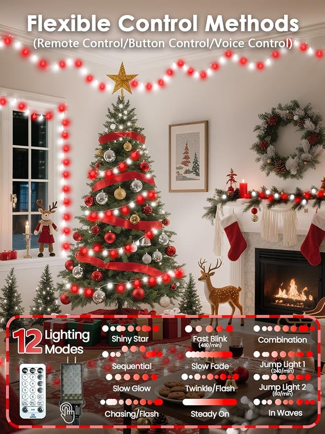 2026 New Connectable 43FT Smart Voice Controlled String Lights Indoor Outdoor | 100LED Red and White Globe Fairy Lights with Remote, 12 Modes Waterproof Hanging Light for Bedroom Classroom Decor