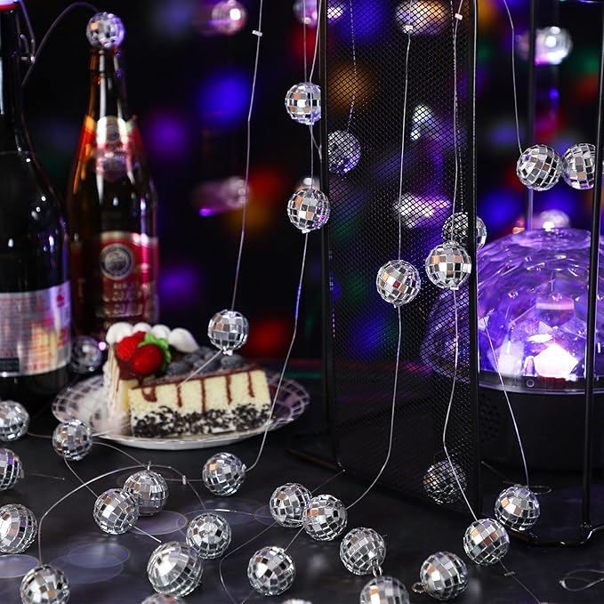 Sumind 8 Pack Disco Party Decorations Mini Disco Ball Garlands Silver Mirror Ball Hanging Banner Silver Streamer Curtains for Birthday Wedding Christmas Party Backdrop Supplies(1 Inch)
