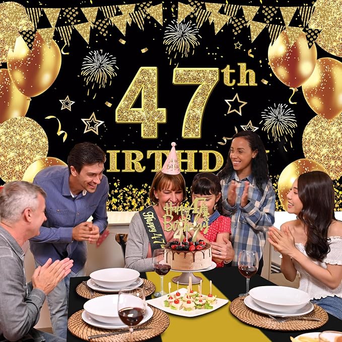 47th Birthday Decorations Men Women with 47th Birthday Banner, Black and Gold Table Cloth, Number Balloons, Large Sash, Cake Topper and Candles