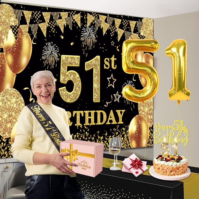51st Birthday Decorations Men Women with 51st Birthday Banner, Black and Gold Table Cloth, Number Balloons, Large Sash, Cake Topper and Candles