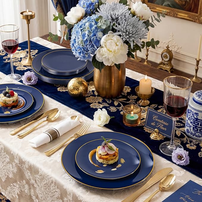 KIRE 350Pcs Blue and Gold Plates -Heavy Duty Navy Blue Dinnerware Set - 100 Plastic Plates 50 Pre Rolled Napkins with Gold Plastic Silverware 50 Cups for Birthday/Wedding/Parties/Graduation