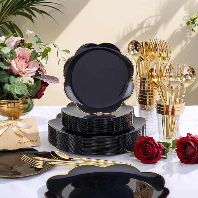 EI 180pcs Black Plastic Plates with Gold Plastic Silverware,Black and Gold Plates Disposable,Heavy Duty Plate for Party,Wedding,Anniversary,Spring Afternoon Tea Business Event,Graduation Decorations